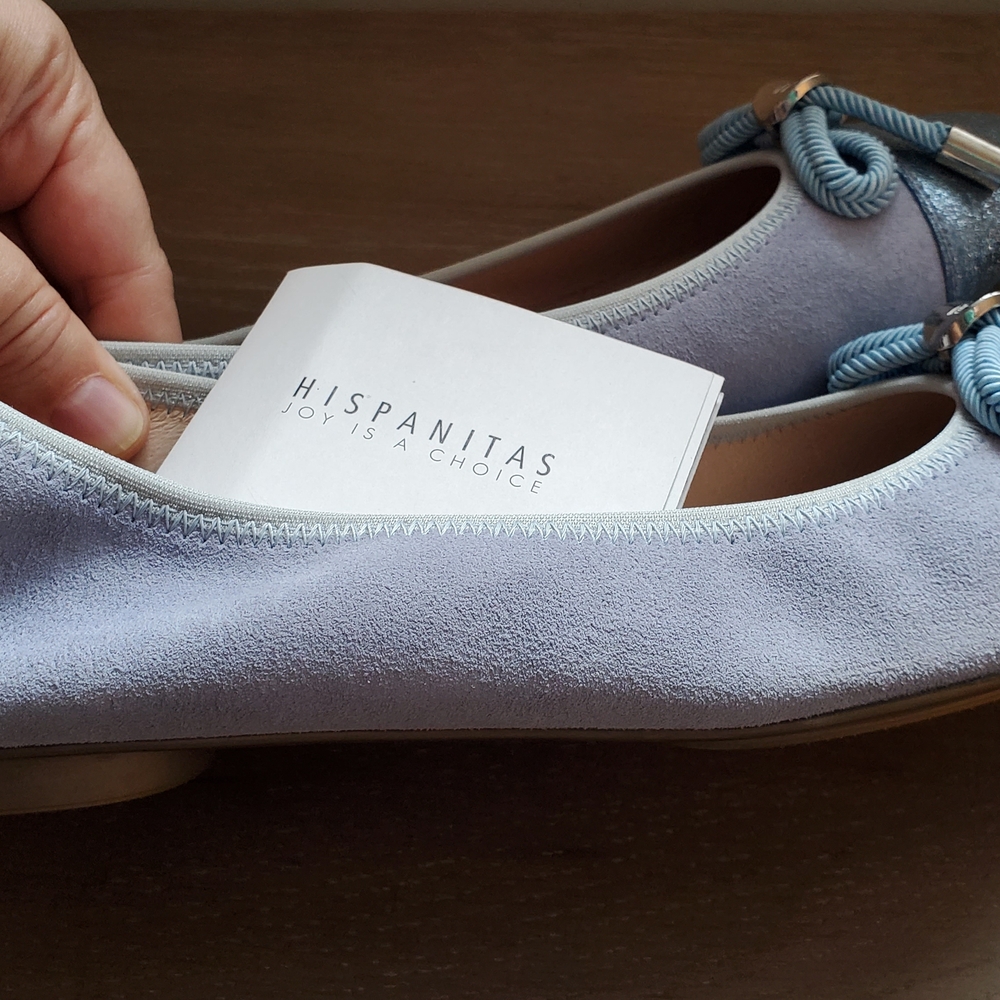 Ballerina Leather Flats - Suede, Periwinkle Blue With Silver Bow - Made In Spain - Picture 13 of 15